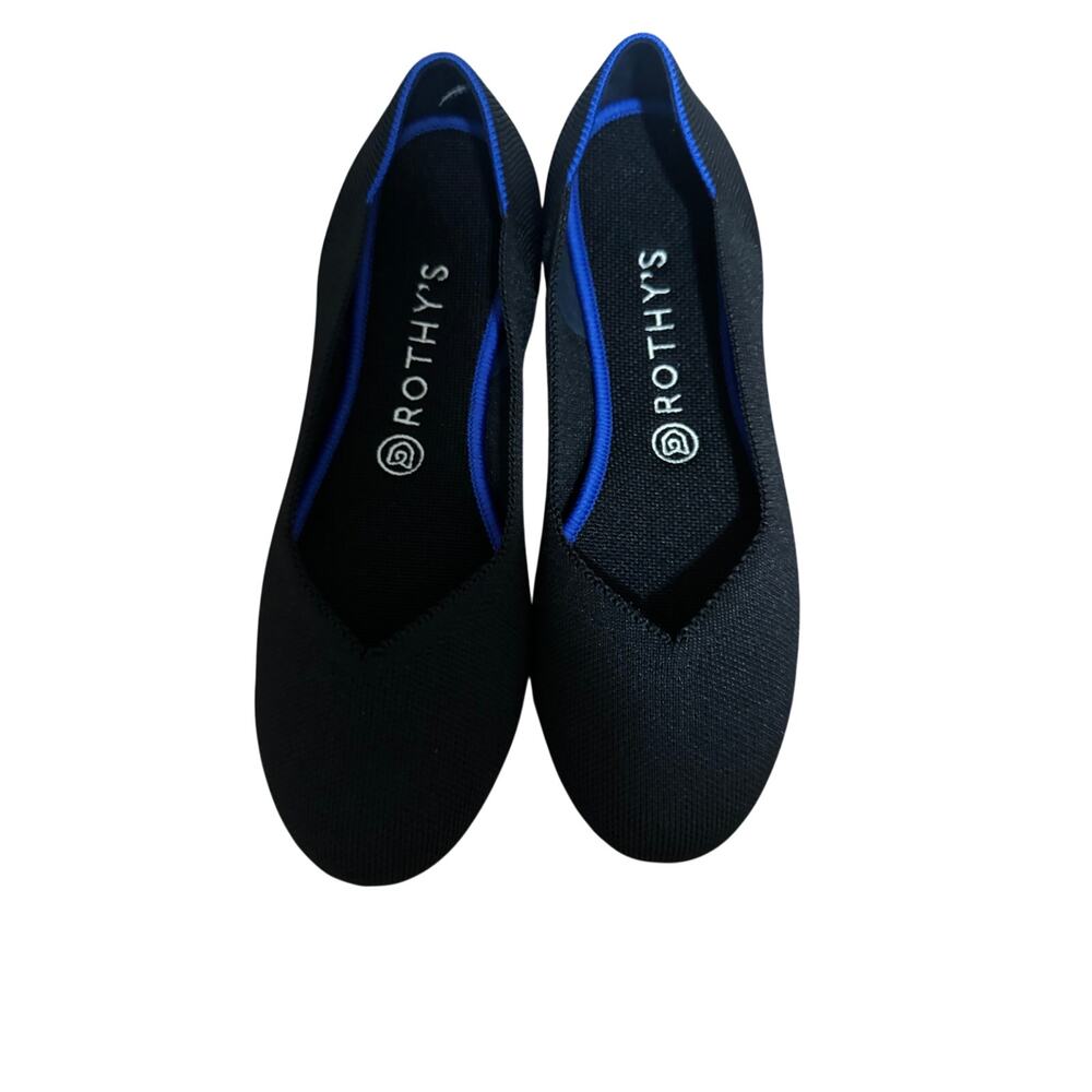 Rothy's The Flat Round Toe Ballet Flat Black Knit Blue Trim Women's Size 9